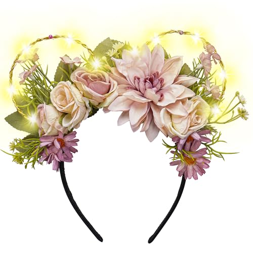 VISSTREE Led Mouse Ears Flower Headband Crown for Adult Women Girls Park, Light Up Mouses Ears Headwear for Animal Theme Wedding Party Daily Park Birthday Baby Shower Photoshoot Accessories