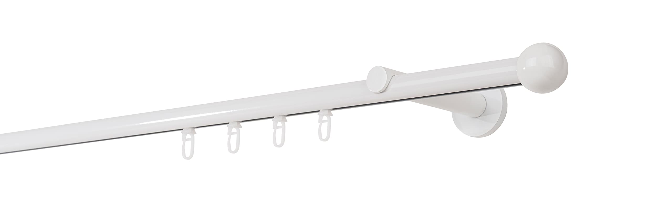 Gardinenstange auf Maß Innenlauf 20mm Ball 1-lauf Vorhangstange Wandträger 12cm Stilgarnitur Gleiter für Vorhänge Weiß 220cm