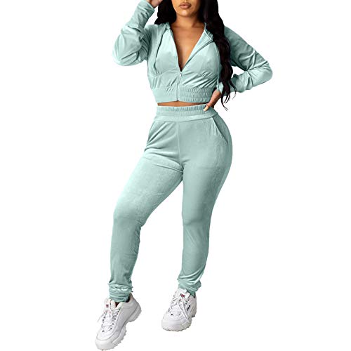 Sweatsuits for Women Tracksuit 2 Piece Outfits Velour Zip Up Hoodie Sweatshirts & Sweatpants Jogging Workout Sets (Mint Green, L)