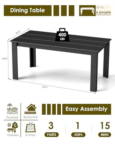 Image of GREENVINES Outdoor Dining Table | 67'' | HDPE | Rectangle Tables for 6 | All-Weather | Umbrella Hole | Patio Furniture | for Poolside Backyard Garden | Black