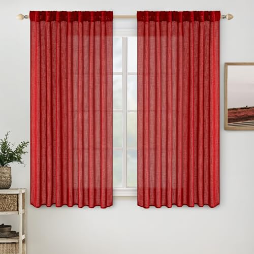 MIULEE Red Linen Short Curtains 63 Inch Length 2 Panels for Kitchen Bedroom, Christmas Soft Thick Linen Textured Window Drapes Living Room Semi Sheer Light Filtering Back Tab Burlap Look Decor