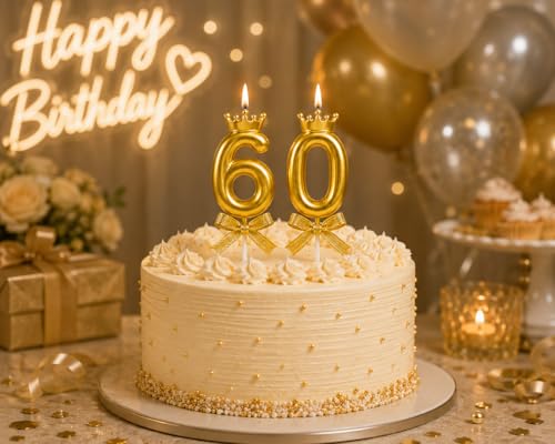 Image of Gold Number 60 Birthday Candle Set with Crown | Metallic Cake Topper Candles for 60th Birthday, Anniversary Celebration | Party Decoration Candles, 2 pcs