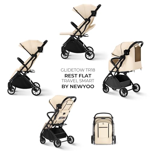 Image of newyoo Baby Travel Stroller, Compact & Lightweight Infant /Toddler Stroller with Retractable Handle, Cup Holder, One-Hand Easy Fold, Near Flat Recline Seat, GlideTow TR18M, Almond