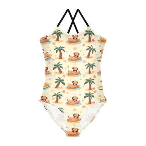 Surfboard Dog Palm Tree Girls Swimsuits Quick Dry Crossback One Piece Beach Swimwear Bathing Suit, 5-6T