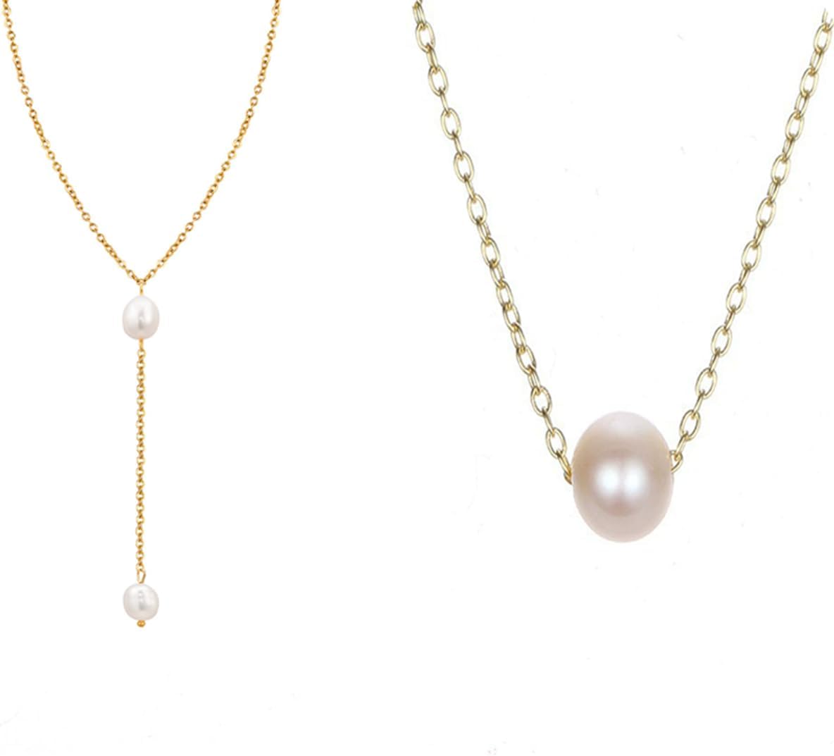 Short Pearl Necklace, Pearl Necklace Women Gold/Y-Shaped Pendant Necklace Layered Design 2 Packs Layered Beaded Chain Drop Necklaces Gold Jewelry For Women Gift