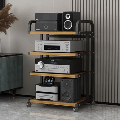 4 Tier Audio Rack with Universal Wheels Space Sing Multimedia Shelf for Turntables Equipment and Audio Gear Stylish and Easy Mobility