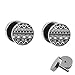 Produktbild Treuheld® | Set - Indianer Muster - 2 Ohrstecker zum Schrauben - SCHWARZ-WEIßE Ethno Fake Plugs - Ø 10mm - Ohrringe Fakeplug - Silber Ohrring in Schwarz-Weiß - Chirurgenstahl Faketunnel