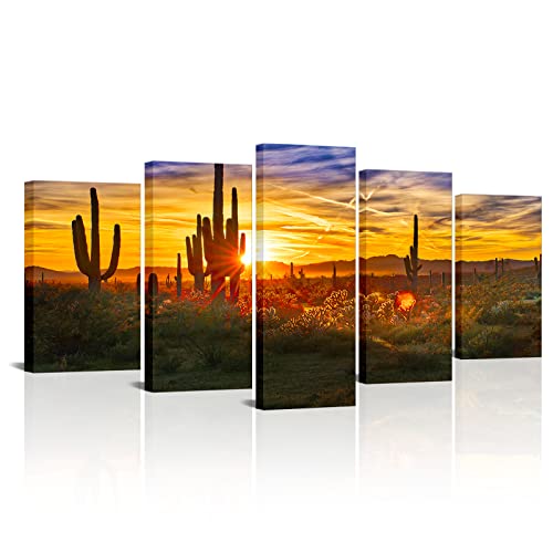 Canvbay 5 Pieces Canvas Wall Art Sunset In Arizona Sonoran Desert Painting Western Natural Landscape Saguaro Cactus Pictures Canvas Print Botanical Southwest Decor For Home Living Room Bedroom Framed #TOP23