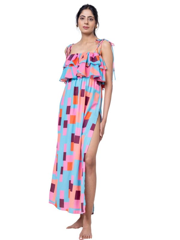 Women Poly Crepe Colour Blocked Printed Beachwear Dress (Blue)-image-48