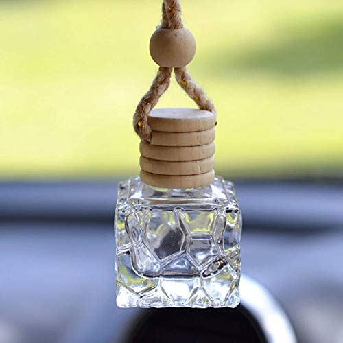 8 Pcs 10Ml Hanging Essential Oil Diffuser,Empty Clear Glass Square Car Air Freshener Perfume Aromatherapy Pendant Bottle Vials With Wooden Caps & Hanging String--Free 1 Funnel&Dropper #TOP4