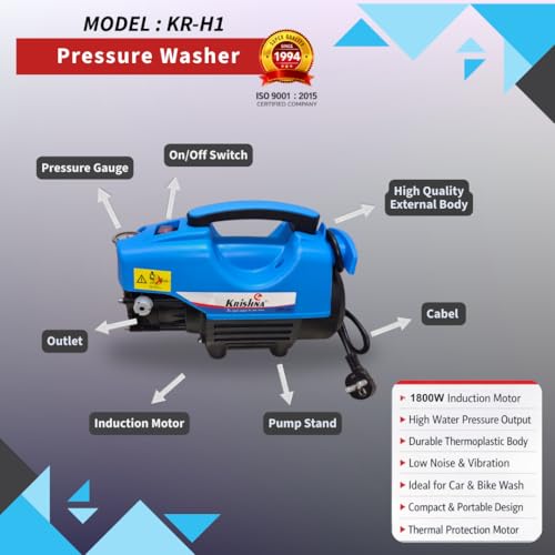 Image of Krishna KR-H1 High Pressure Washer 1800W | 160 Bar | 10L /min | Induction Motor | Electric Jet Cleaner for Car | Home | Patio | Garden | Driveway | Complete Accessory Kit | Portable Design