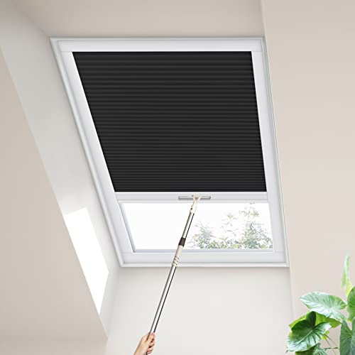 Moonice Skylight Blinds Cordless Roof Honeycomb Window Blinds Light Filtering Cellular Pleated Roof Shades for Home Easy to Install Shades for Inclined Plane Room Windows Custom Size (Black)