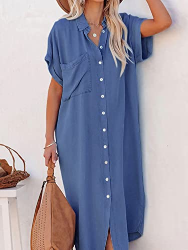 Image of CUPSHE Women Long Summer Dress Bell Sleeve Button Down Dress V Neck Casual Shirt Cover up Dress