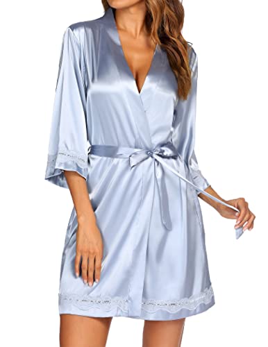 Ekouaer Bath Robes For Women Satin Kimono Robe Lace V Neck Loungewear Silk Lingerie With Belt #TOP23