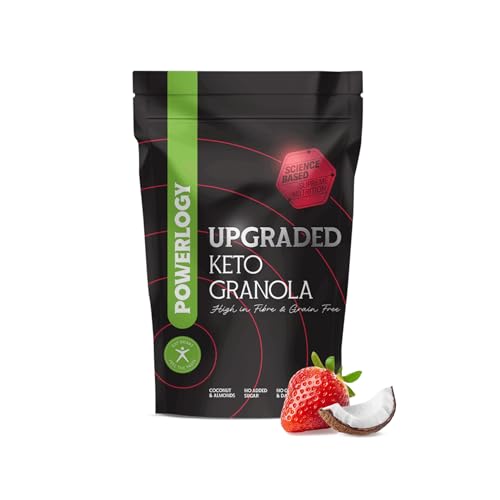 Powerlogy Upgraded Keto Granola | Glutenfrei Ohne Zucker Mit Präbiotischer Chicorée-Faser Low-Carb Natürliche Zutaten & Hoher Fettgehalt (350 g) (Erdbeere)