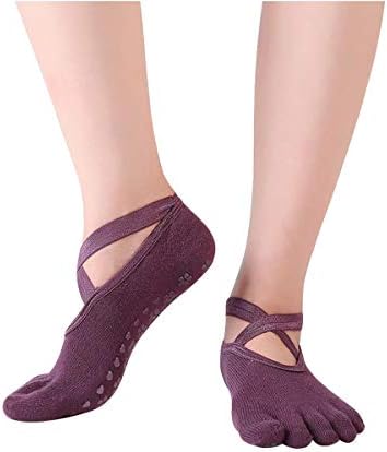 2 Pairs Pilates Socks Non Slip Skid Yoga Socks with Grips & Straps Full Toes for Women Cotton Gripper Socks for Pilates/ Barre/ Ballet/Dance/ Workout/Fitness/Martial Arts/Trampoline/Massage/Home Use