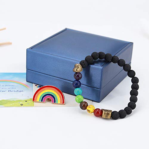 Pet Memorial Gifts,Rainbow Bridge Bracelet for Beloved Dog Cat,Nature Lava Stone Bead 7 Chakra Pet Memorial Bracelet for Women Men Who Loss of Pets,Pet Sympathy Gift Set of 4 with Rainbow Bridge Card