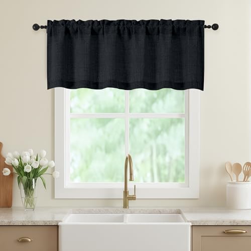 WelvetBLK Black Valances for Windows Light Filtering Faux Linen Textured Small Short Window Curtain for Bathroom Basement Farmhouse Rod Pocket Top Half Curtains for Windows 60Wx18L Inch