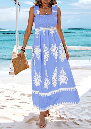 Image of PRETTYGARDEN Women's Sleveless Boho Maxi Dress | Boho Floral,Square Neck,Wide Ruffle Straps,with Pockets,Smocked A Line Dresses,Flowy Sundress for Summer Beach,Travel,Party