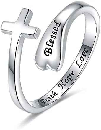 Sterling Silver Cross Ring for Women - Christian Blessed Faith Hope Love Inspirational Encouragement Jewelry,Statement Wrap Finger Open Adjustable Thumb Cross Heart Ring Gift for Teen girls