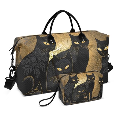 Large Travel Duffel Bag, Black Cat Eye Sports Tote Gym Bag, Shoulder Weekender Overnight Bag for Women Men, Carry On Luggage with Toiletry Bags