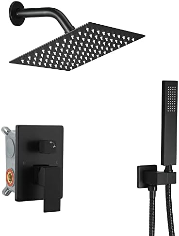 Heable Matte Black Shower System with High Pressure 8'' Rainfall Shower Head, Handheld Shower head, Bathroom Luxury Rain Mixer Shower Combo Set Wall Mounted Shower Faucet Rough-in Valve and Trim Kit