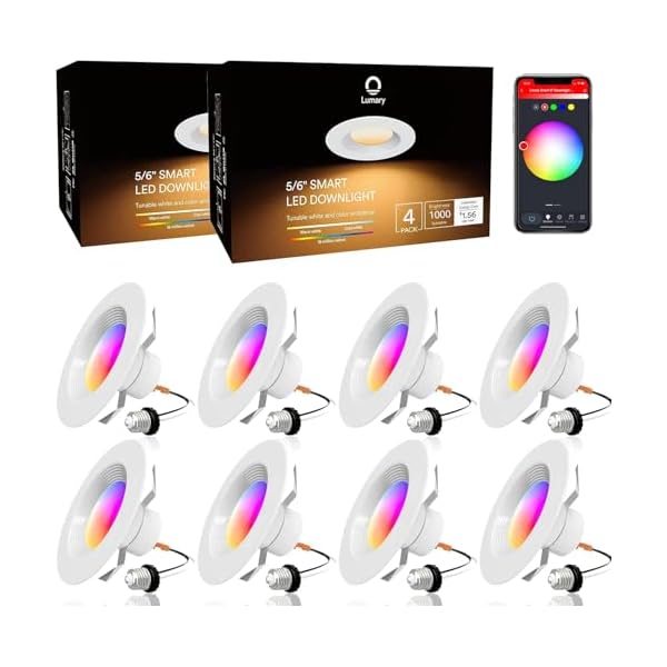 Lumary 8 Pack Smart Retrofit LED Recessed Lighting 5/6 Inch, WiFi Recessed Lights RGB Color Changing Can Lights, 13W 1000LM Metal Baffle Trim Downlight, Work with Alexa/Google Assistant