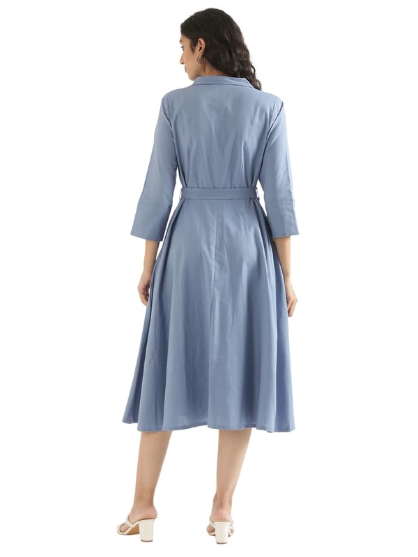 Image of SAADAA Women Cotton-Linen Blend Flared Dress | Midi Dress with 3 /4 Sleeves, Adjustable Waist Belt & Pockets | Below Knee Casual Dress for Office, Travel & Everyday Wear