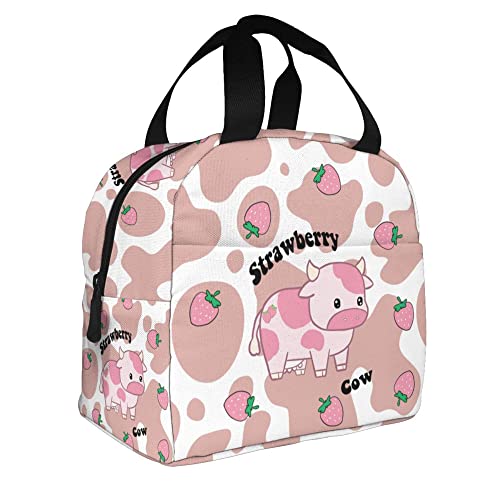 Evesky Strawberry Cow Lunch Box Reusable Lunch Bag Cartoon Pink Tote Bag With Front Pocket For Women/Men Work School Girl Boy Picnic Travel #TOP1