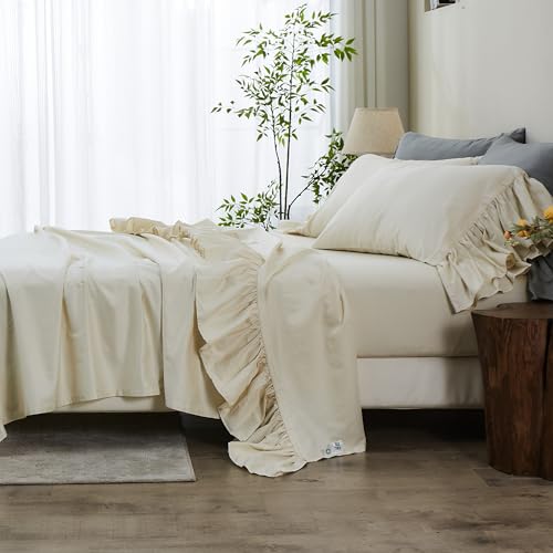 Simple&Opulence 100% Organic Cotton Sheet Set, Long Ruffle Bed Sheets (1 Flat Sheet, 1 Fitted Sheet and 1 Pillowcase) Elegant Shabby Chic Bedding Farmhouse Charming Vintage - Beige, Twin