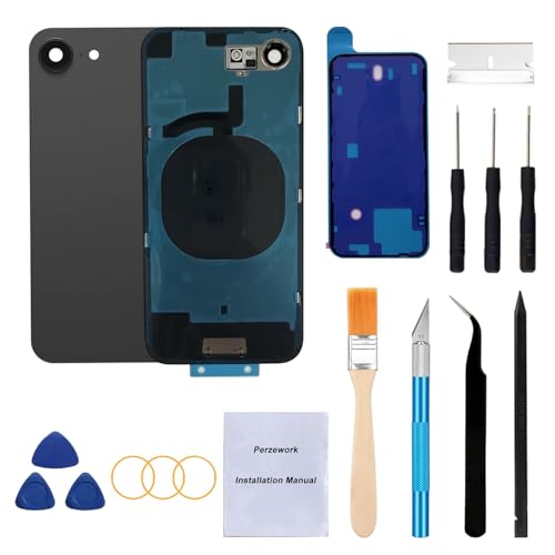 Perzework Rear Back Glass Replacement for iPhone 16e 6.1-inches + Pre-Installed Plate and Camera Frame and Lens + Reparing Tool Kit (Black)