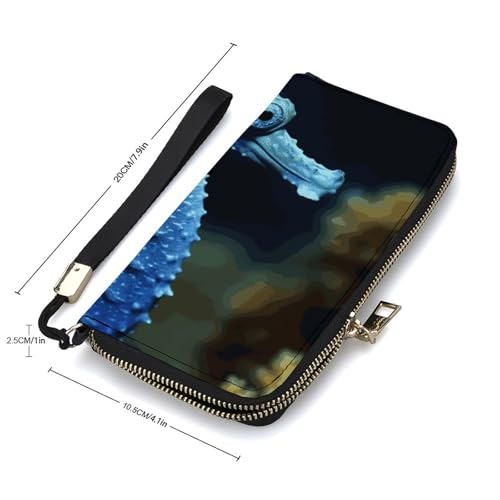 Blue Seahorse Ladies' Leather Wallet With Hand Strap Slim Vertical Purse Wallets Card Case Long Zip Around Long Wallet Credit Cards Holder Phone Clutch2