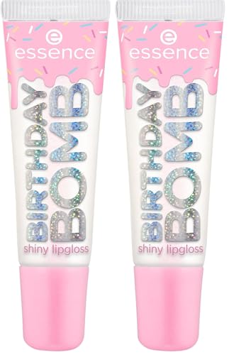Essence Cosmetics Brillo de labios BIRTHDAY BOMB, natural, brillante, rociado, reluciente (10 ml) (Paquete de 2)