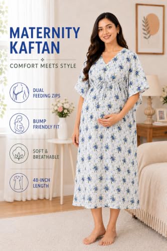Image of Noty Women's- Kaftan | Maxi | Maternity | Feeding | Delivery Gown- Cotton Fabric- V Neck | Floral Print | 2 Pockets | Midi