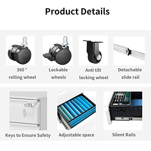 Sanoolir 3-Drawer Mobile File Cabinets Rolling ，Vertical Metal Filing Cabinet For Legal & Letter File Anti-Tilt Design With Lock Under Desk Office Drawers Fully Assembled (White) #TOP6