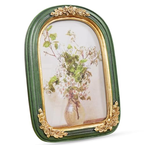 Vintage 5x7 Picture Frame, Ornate Gold Green Arch Frames Resin Photo Frame with Glass Front for Tabletop or Wall Display, Antique Decorative Frame for Home Decor or Gift