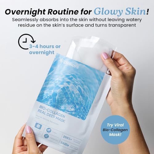 Image of GLOKORE Bio Collagen Face Mask, Overnight Hydrating Face Mask with Hyaluronic Acid, Peptides & Niacinamide, Firming & Plumping Skincare for Glowing-Looking Skin (Pack of 4)