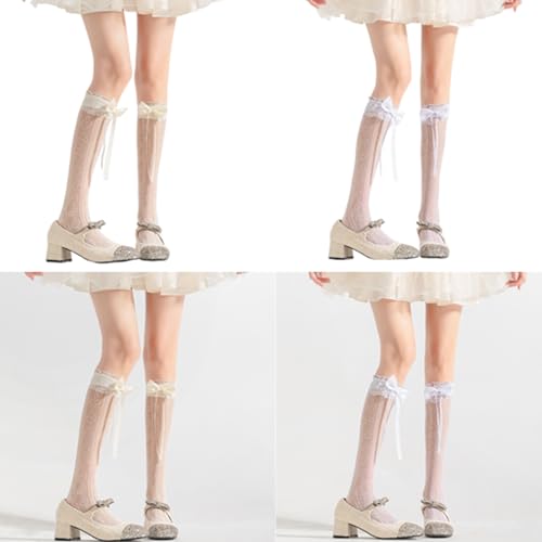 Womnes JK Girl Hollowed Out Heart Over Calf Socks Japanese Cute Ribbon Bowknot Ruffle Lace Trim Stockings Ruffl2