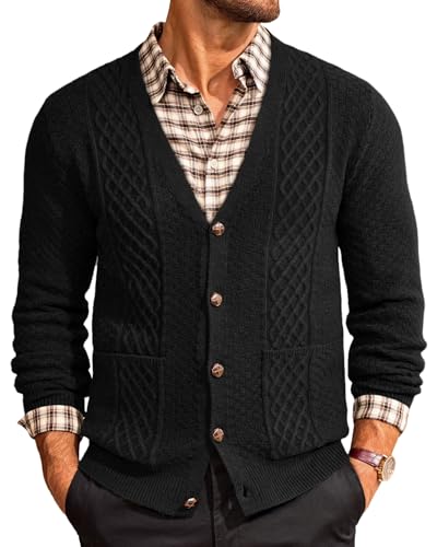 Runcati Mens Cardigan Sweater Casual V Neck Cable Knitted Cardigans Button Down Winter Chunky Sweaters with Pockets Black