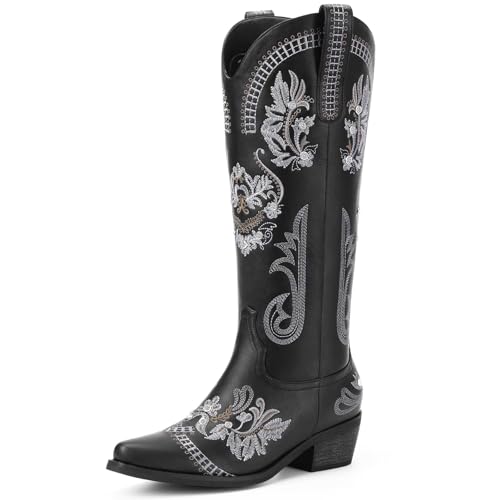 Dixhills Black Cowboy Boots for Women - Wide Calf Knee High Cowgirl Boots, Glitter Sparkly Rhinestone Western Country Boot with Classic Embroidery, Pointed Toe Pull On Zipper Retro Boots Size 8