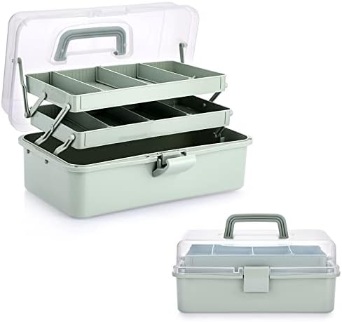 BTSKY 3-Layer Plastic Dividing Storage Box Craft Organizer and Storage with Adjustable Spacers Portable Handled Art Supply Organizer Multipurpose Home Utility Box for Medicine Sewing(Haze Green)