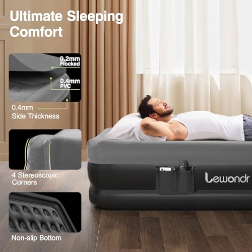 Lewondr Queen Air Mattress with Built in Pump,18\" Deluxe Blow Up Mattress Airbed, Comfy Self Inflating Air Mattress, 3Min Fast Inflatable Mattress for Camping, Home, Guests, Travel(661lb MAX), Gray - Thumbnail 6