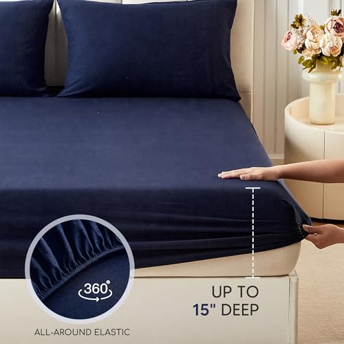 Image of Tokokimo King Sheet Set 4 Piece, Super Soft Washed Cotton-Linen Feel Microfiber, 16 inch Deep Pocket Fitted Sheet, 1 Flat Sheet, 2 Pillowcases, Breathable Bed Sheets, Navy Blue