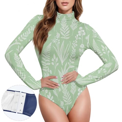 Maillot de cuello alto premium con estampado de hojas verdes suaves 2