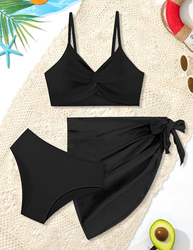 Image of Girls Swimsuit, Bathing Suits 3 Piece Tropical Floral Twist Cross Bikini Sets Girls' Swimwear with Cover Up Skirt 7-16T