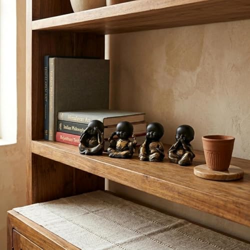 Image of eCraftIndia Set of 4 Meditating Monk Baby Buddha Idols | See Hear Speak Pray No Evil Figurines for Home Decor, Living Room, Office Desk | Decorative Spiritual Showpiece Gift Set