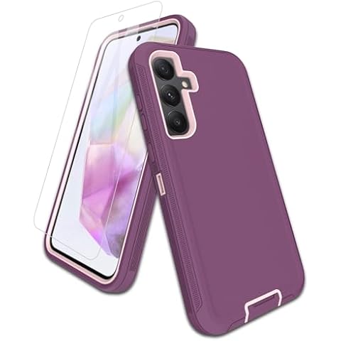 Aliruke for Samsung Galaxy A35-5G Case, with Screen Protector, Port Protection, Full-Body Non-Slip Silicone Rubber Covered, 3-Layer Heavy Duty Drop-Proof Cover Phone Case, Purple Red Cover
