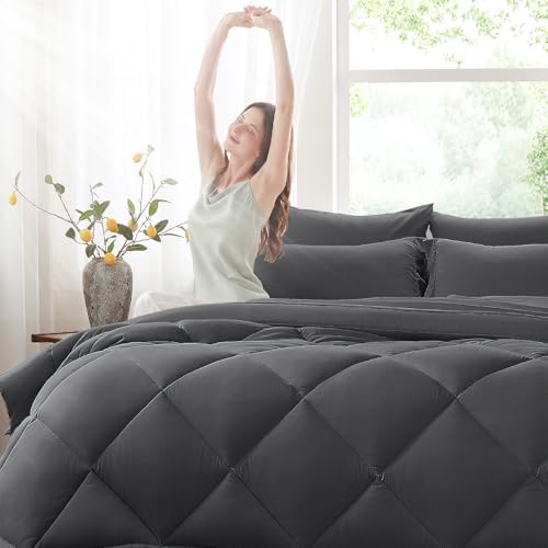 Anluoer Queen Comforter Set,Dark Grey Bed in a Bag 7 Piece,Lightweight Bedding Set with Soft Down Alternative Fill,Bed Set Includes Comforter, Fitted Sheet, Flat Sheet,Pillowcases and Shams