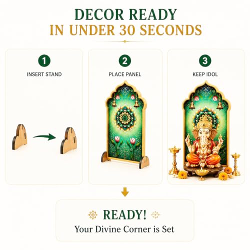 Image of Ganpati Decoration Setup for Home, Premium MDF Ganesh Chaturthi Backdrop Stand, 1 Panel Traditional Mandap Decor for Pooja, Aarti, Festival & Housewarming, Suitable for up to 12 Inches Ganpati.