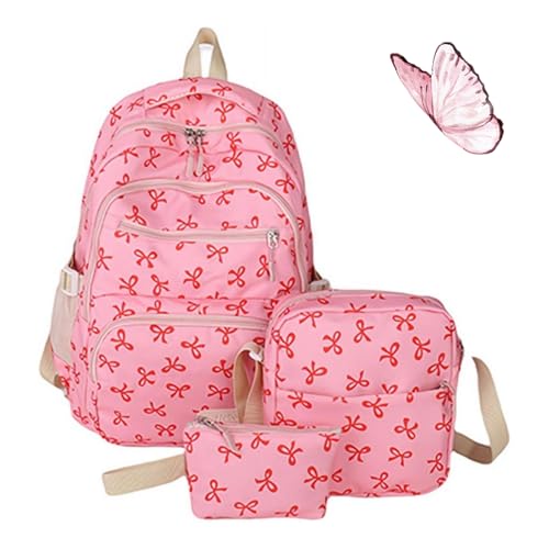 3pcs Bow Backpack Bags Set, Bow Backpack for Women, Cute Girl Backpacks for School, Pink Bow Backpack (Red)